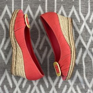 Naturalizer Bashful Coral Linen Peep Toe Platform Espadrille Wedge Size: 7N